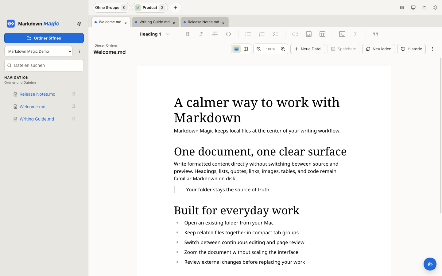 Markdown Magic mit Ordnernavigation, Tabs und visuellem Editor